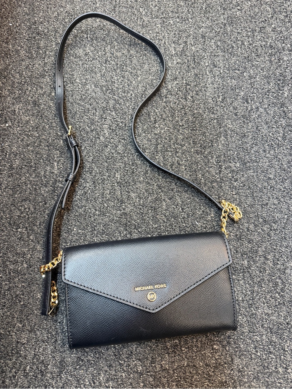 Michael Kors Black Pebble Grain Clutch Crossbody with Gold Accents